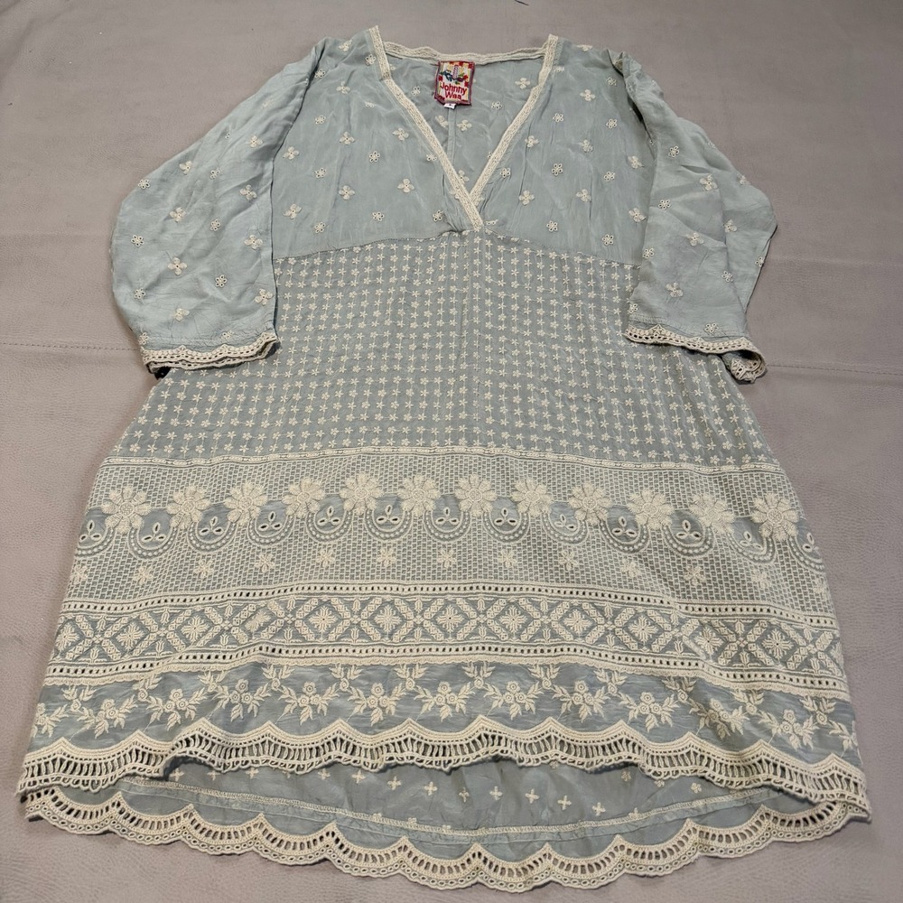 Johnny Was Blue Embroider Eyelet Rayon V-Neck Cottage Prairie Tunic Dress-S-6398